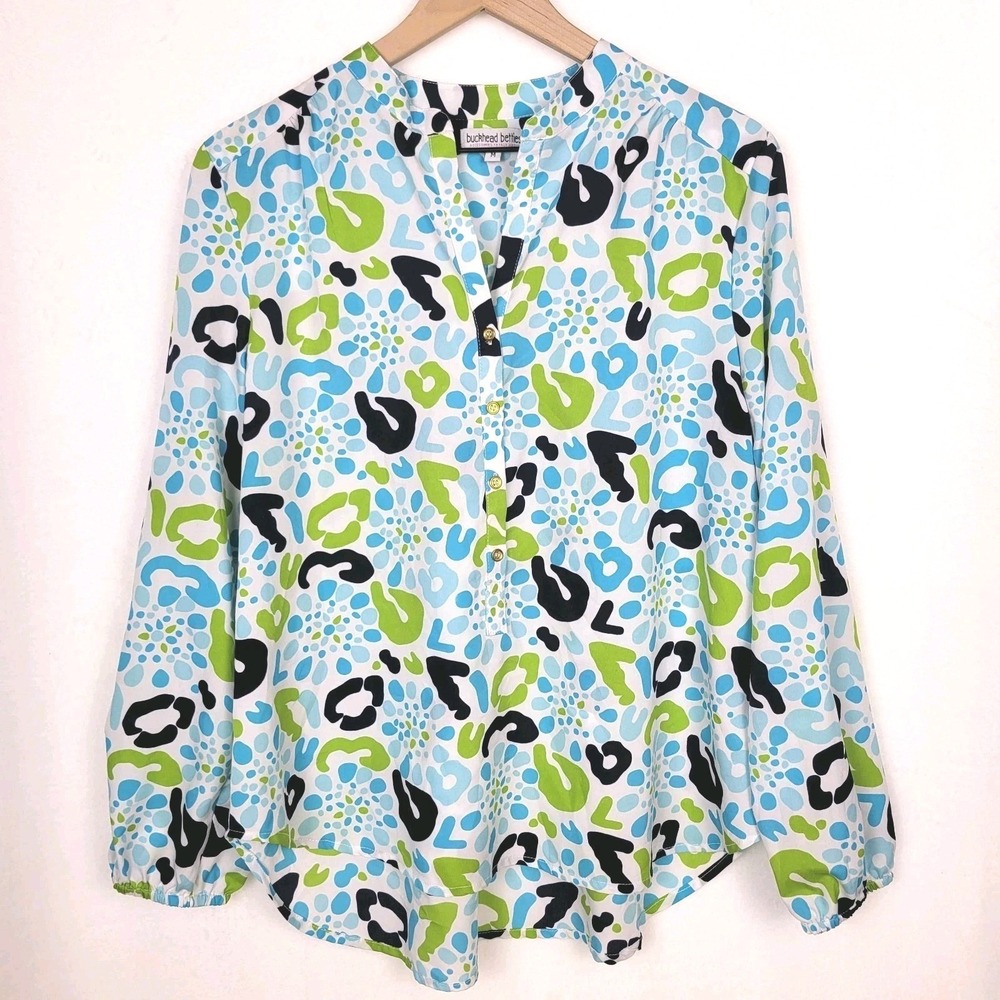 Buckhead Betties Blouse M Blue Green Abstract Print Lightweight Top Preppy